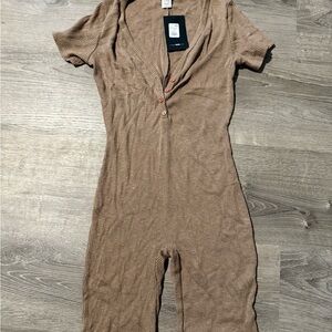Fashion Nova Ribbed Short Sleeve Tan Jumpsuit